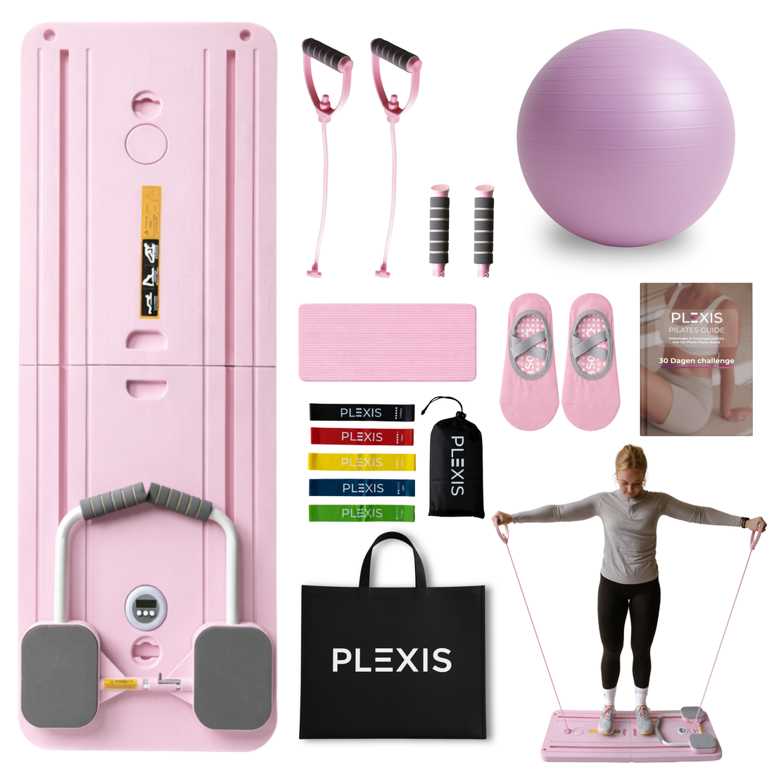 Plexis Pilates board roze met weerstandskabels, bal en accessoires