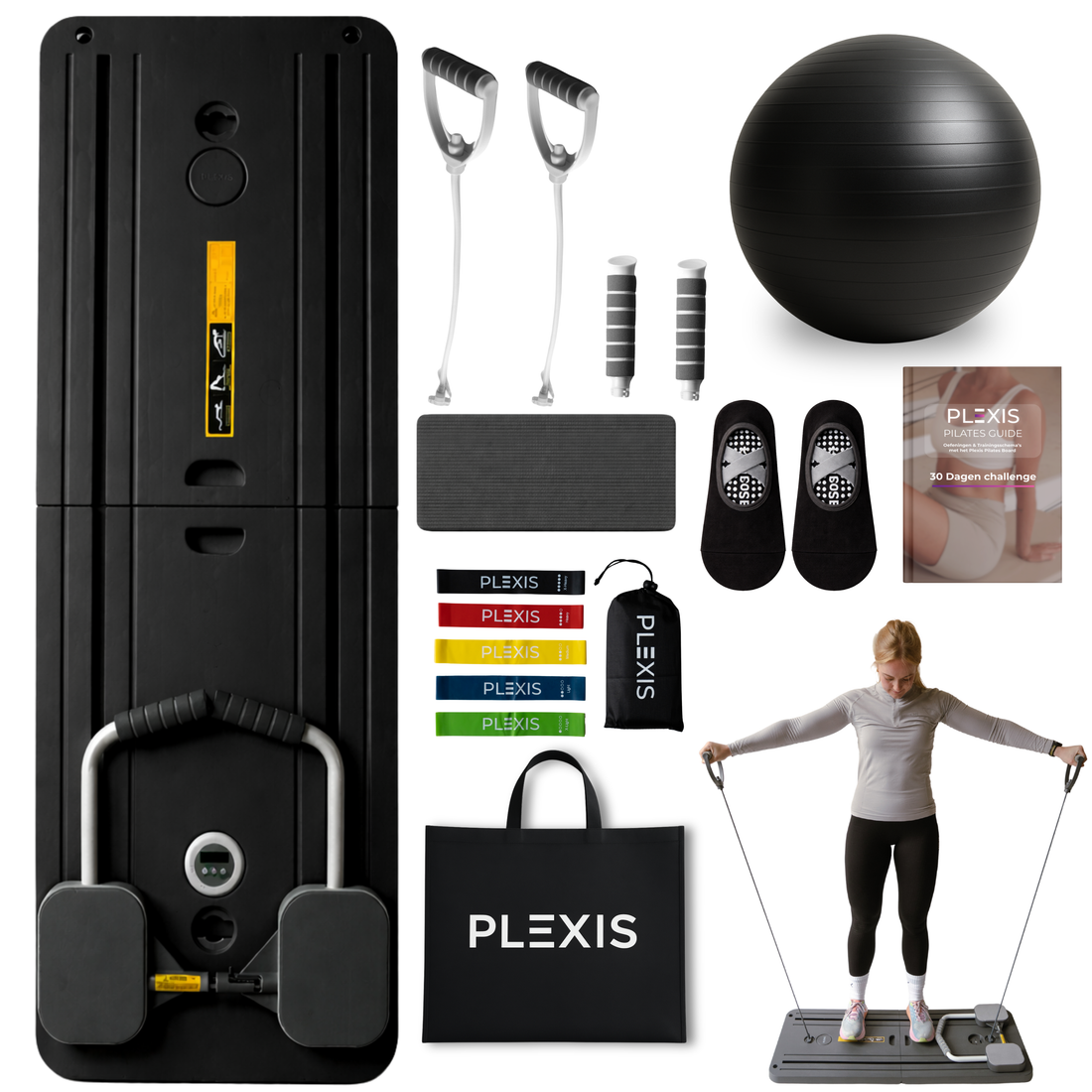 Plexis Pilates Board zwart met weerstandskabels, bal en accessoires