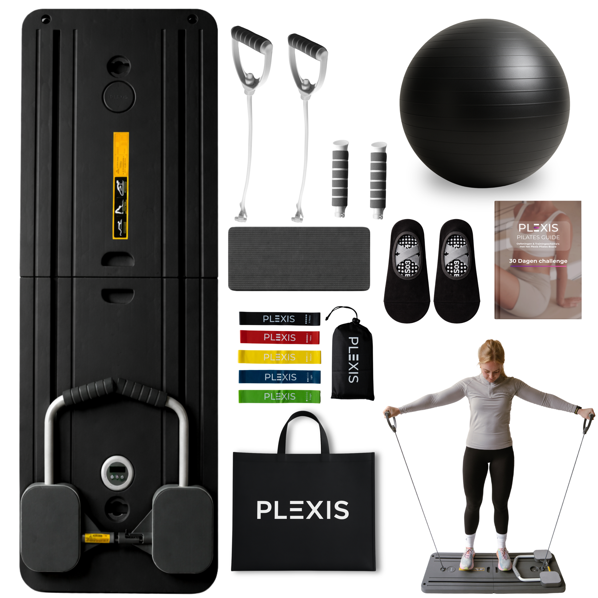 Plexis Pilates Board zwart met weerstandskabels, bal en accessoires