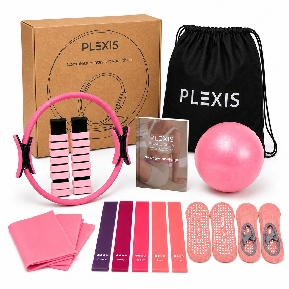 Plexis Pilates Set 14-delig roze met ring, bal, weerstandsbanden en sokken